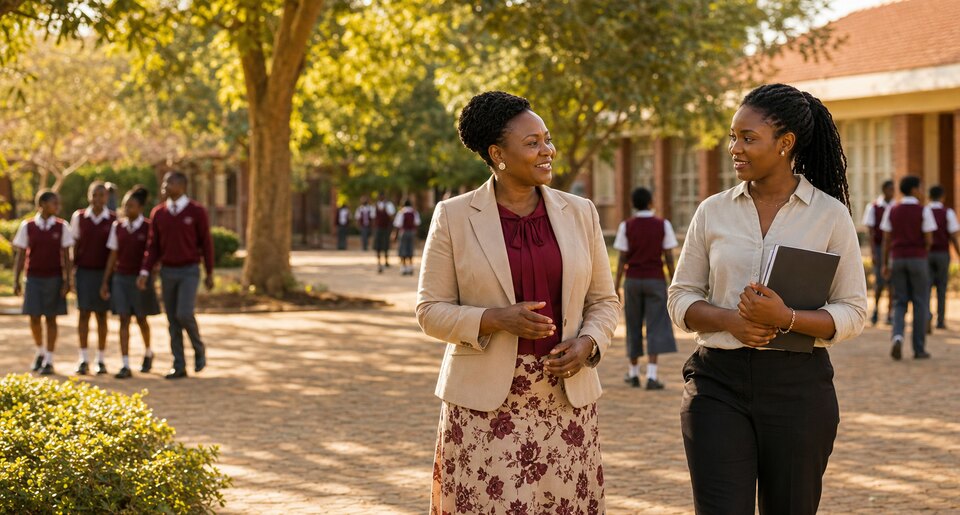 A Zimbabwean school leader in a bright school office